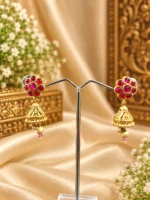 Royal Kempu Red Stone Jhumka Earrings – Matte Gold-Plated Festive & Wedding Earrings SDE1102 - Image 2