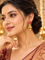 Royal Kempu Red Stone Jhumka Earrings – Matte Gold-Plated Festive & Wedding Earrings SDE1102