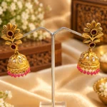 Rajwadi Antique Gold-Plated Floral Jhumka Earrings with Ruby & pink bead drops - SDRE003