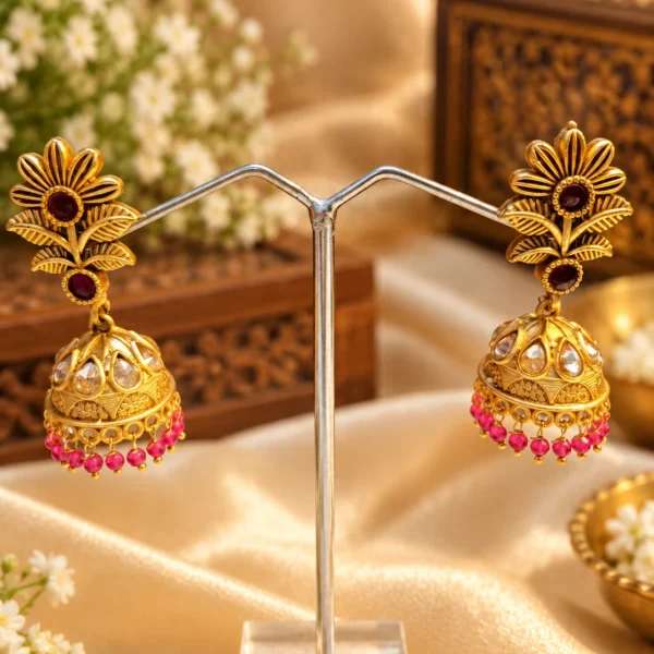 Rajwadi Antique Gold-Plated Floral Jhumka Earrings with Ruby & pink bead drops - SDRE003