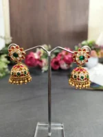 Royal Kempu Heritage Jhumka Earrings – Matte Gold-Plated Red & Green Stone Earrings -SDE1104 - Image 3
